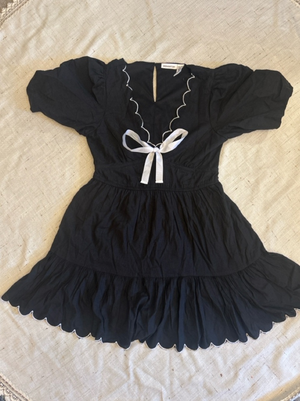 Midnight Sky Black Babydoll Dress White Trim Bow Puff Sleeve Size M